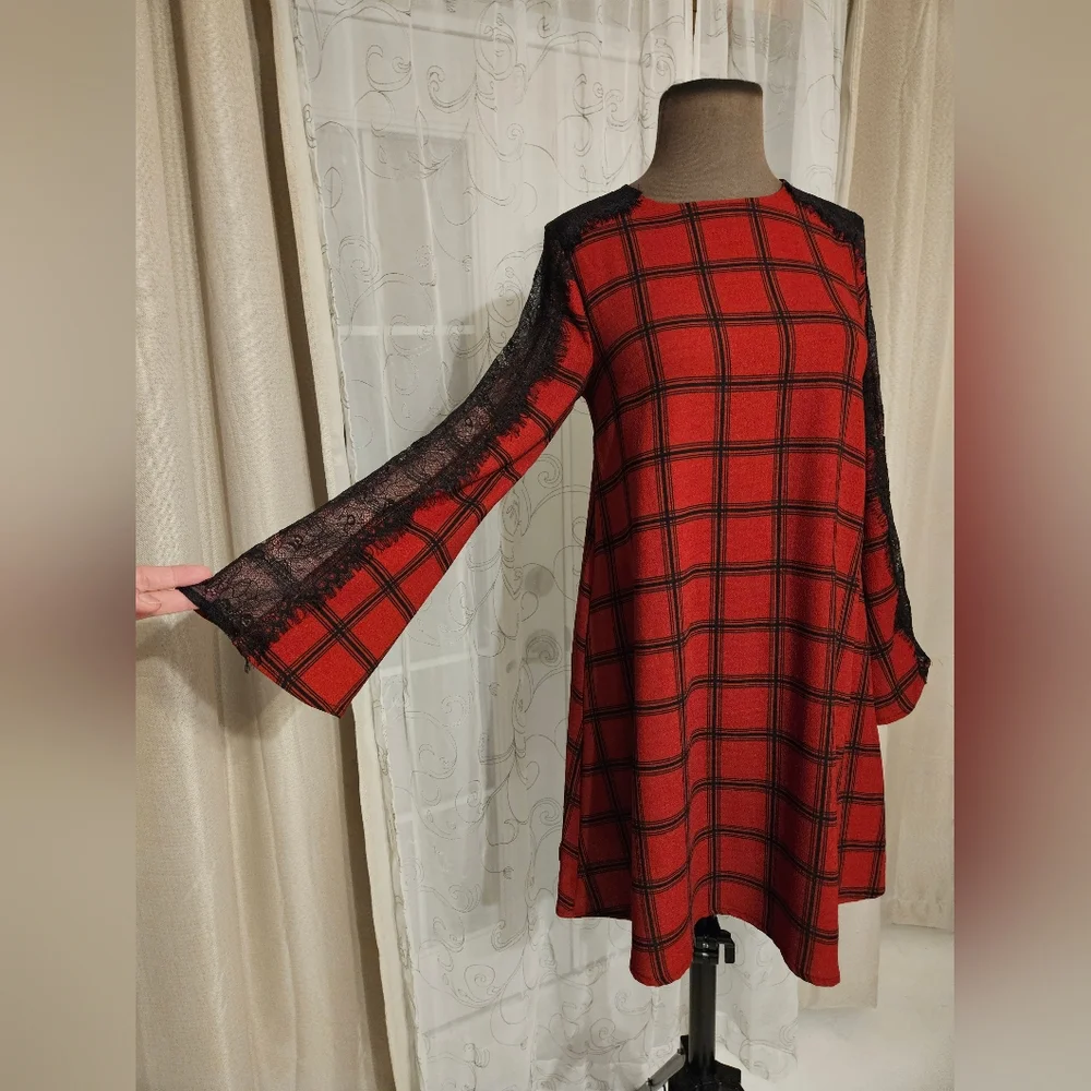 Gianni Bini Red Black Lace Plaid Whimsigoth Business Casual Midi Dress XS - Picture 4 of 16